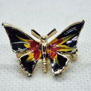 Vintage Gold, Black, Yellow, & Red Butterfly Brooch